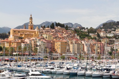 Menton old town from the harbour, France